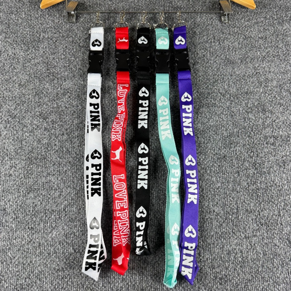 Victorias Secret PINK Lanyard Keychain ID Holder Lot of 5 Red Black Teal Purple
